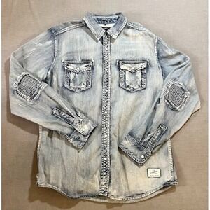 Akoo  Denim Shirt Adult Large Blue‎ Pearl Snap Long Sleeve Cowboy Mens.